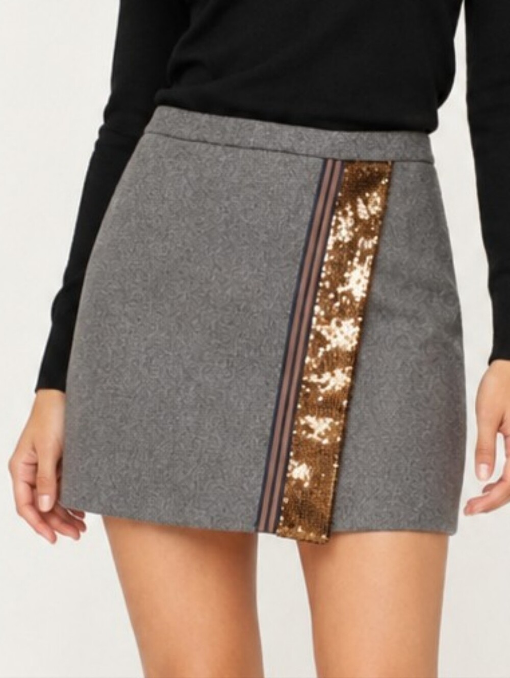❤️ NWOT! J CREW ORIGAMI WOOL MINI SKIRT, GRAY WITH GOLD SEQUIN STRIPE, 2